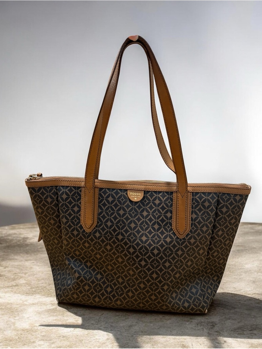 Fossil Brown Patterned Tote with Tan Trim